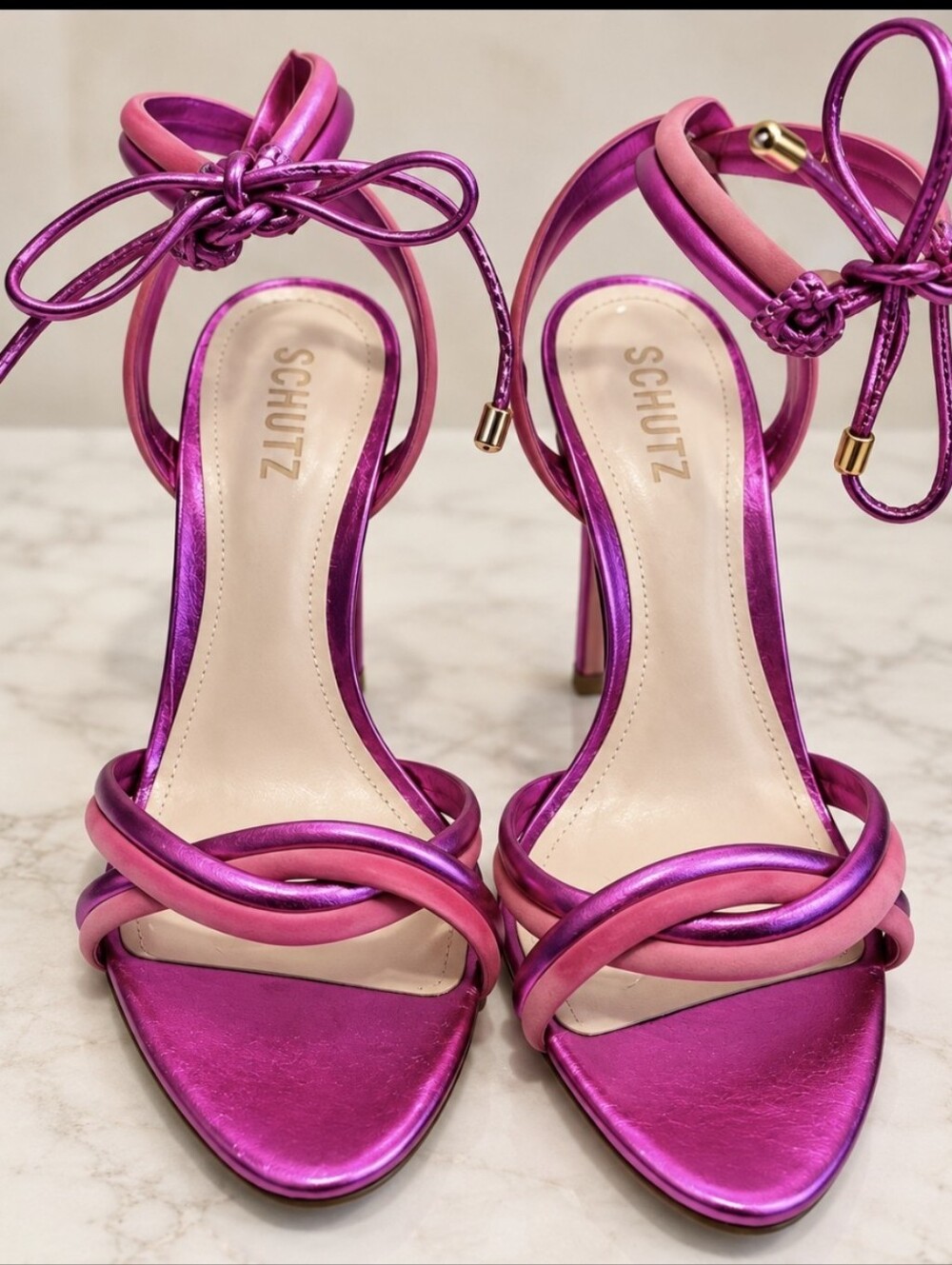 New Schutz Hot Pink Metallic Leather & Suede Strappy Stiletto Sandals 8/39 $198 - Picture 2 of 6